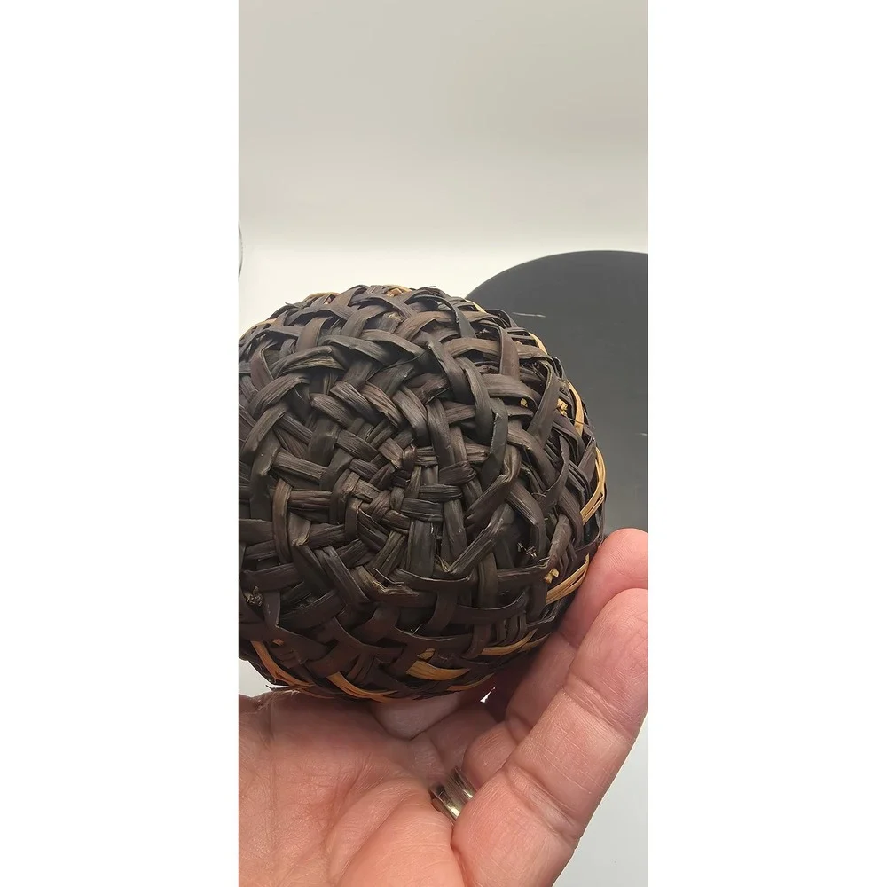 Handcrafted Miniature Woven Basket Two Tone Brown Natural Sawtooth Rim Folk Art